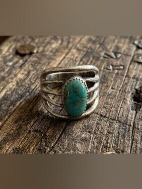Sterling Silver 925 Native American Style Oval Turquoise Bezel Ring Size 7